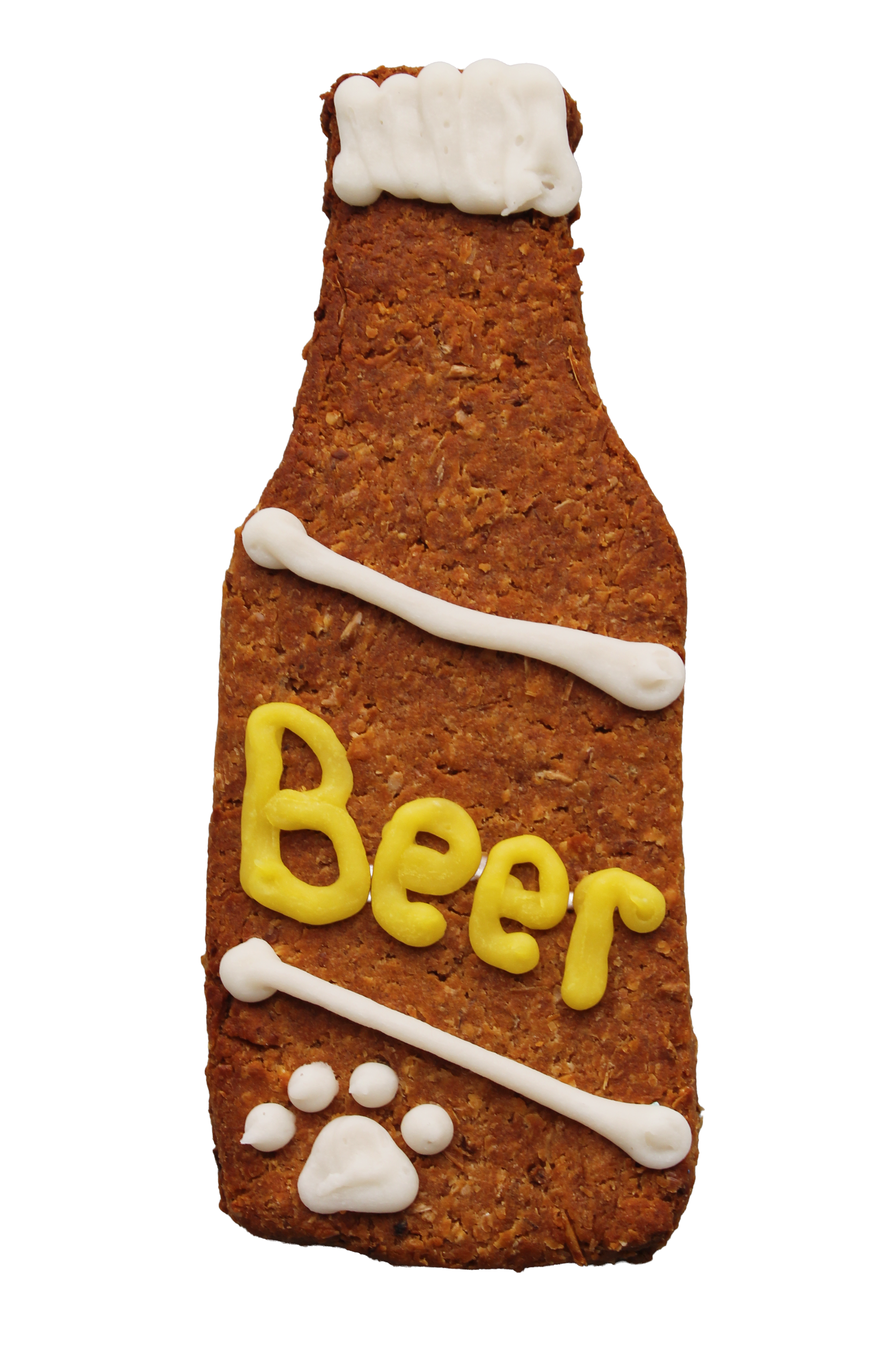 Dog treat shaped like a beer bottle with 'Beer' written on it, on a white background