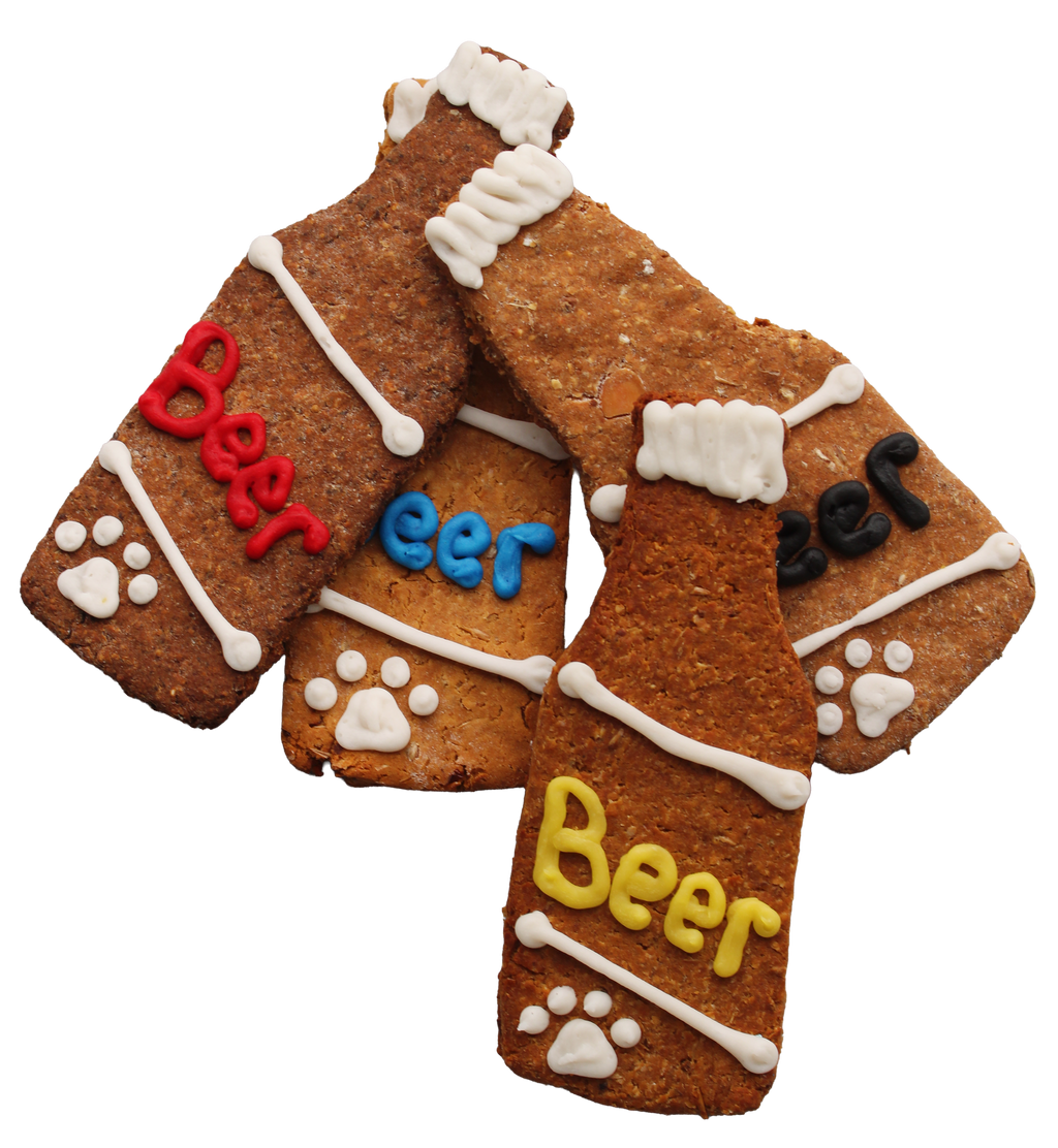 Dog treats shaped like a cross with 'Beer' written on them, on a white background.