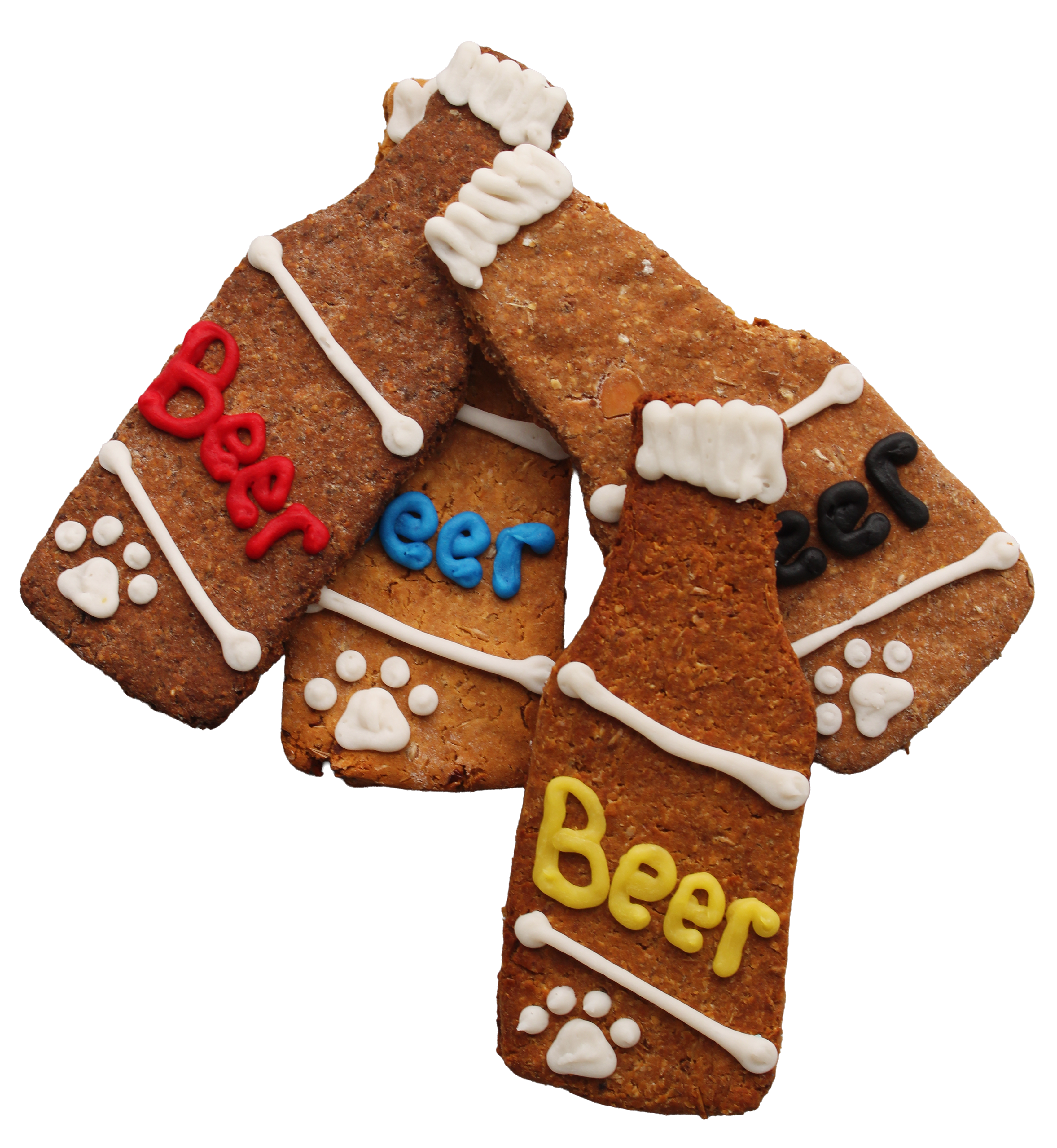 Dog treats shaped like a cross with 'Beer' written on them, on a white background.