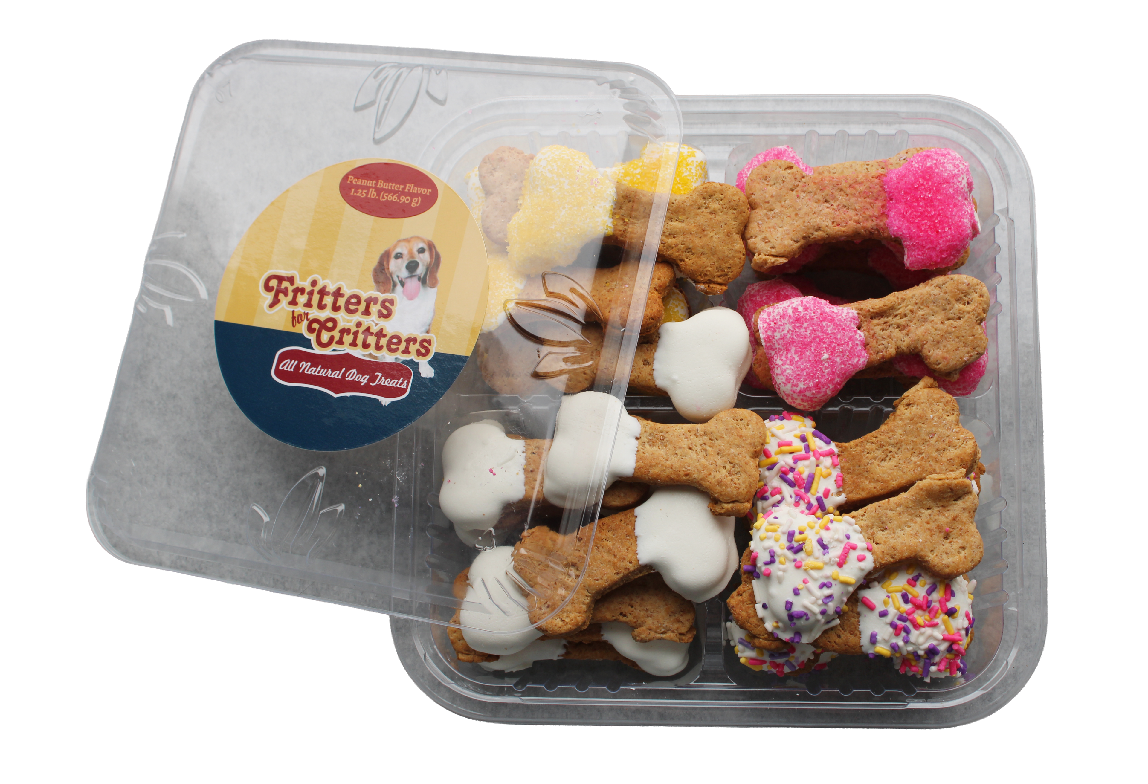 Container of dog treats with 'Fritters & Cutters' label on a white background