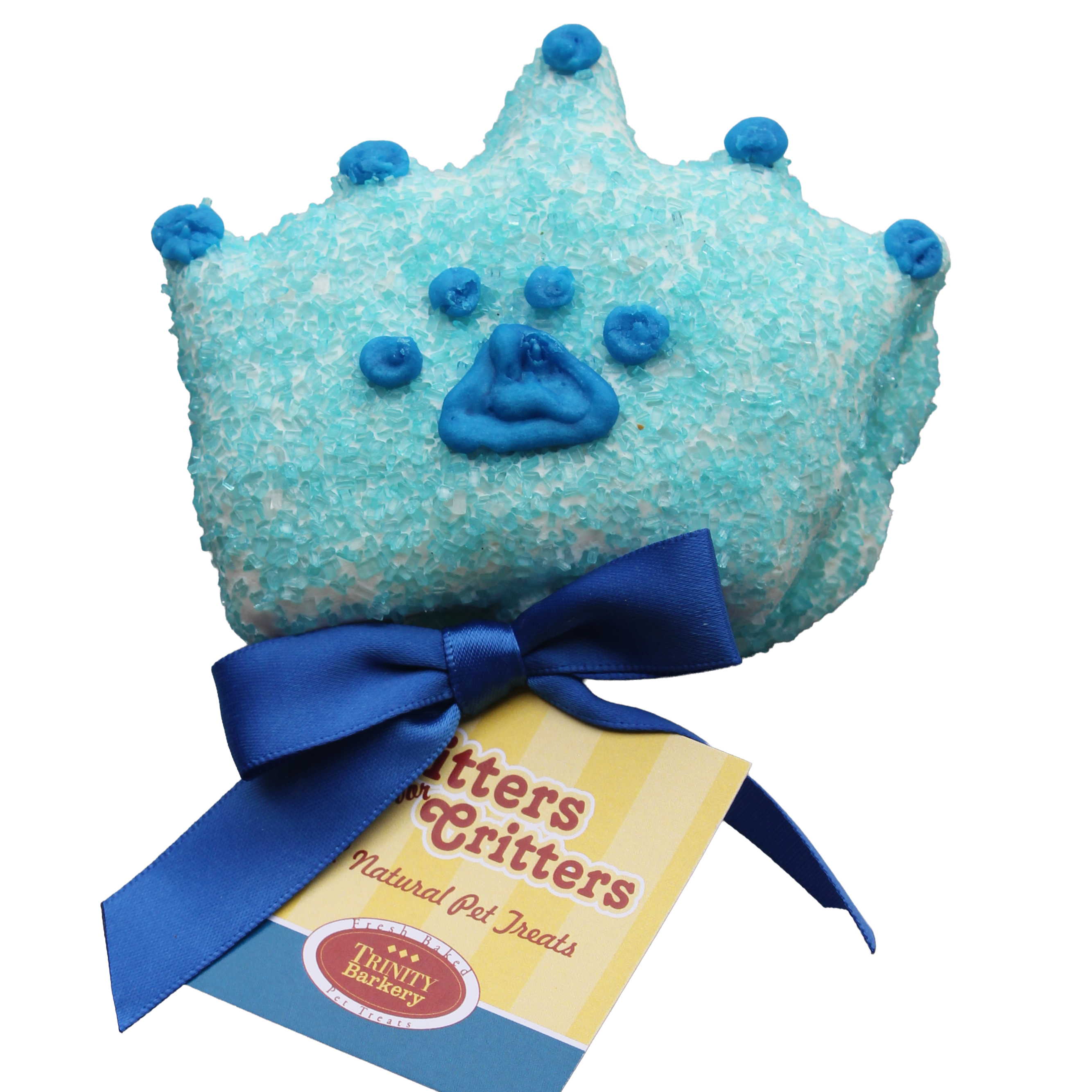 Blue plush toy with a bow and 'Batters & Critters' label on a white background