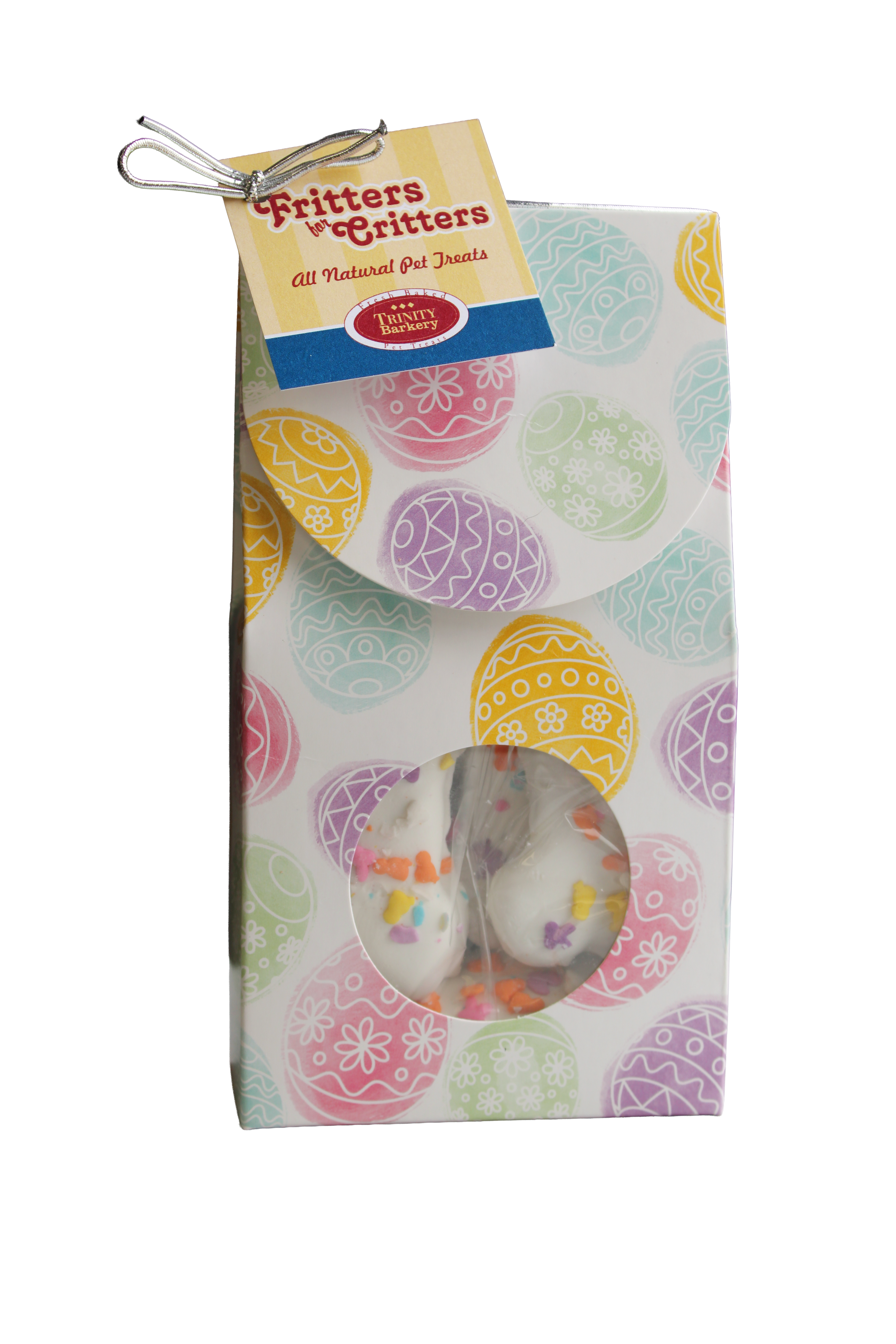 Easter dog treats packaged with colorful design and visible brand label on a white background