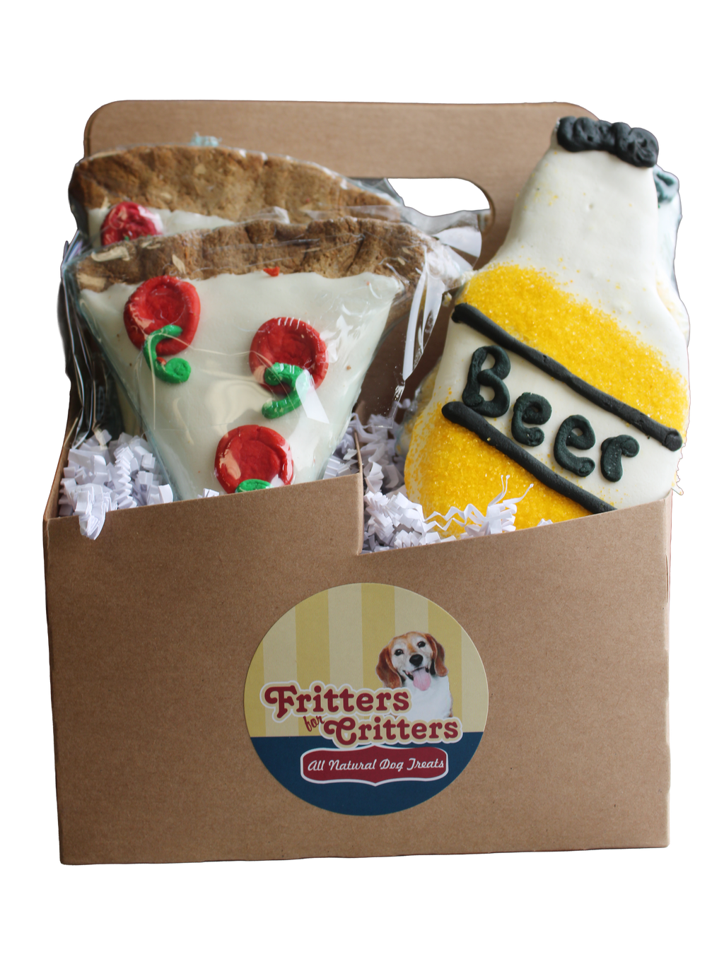 Dog treats shaped like a bottle and a pizza in a box with Fritters n' Critters branding.