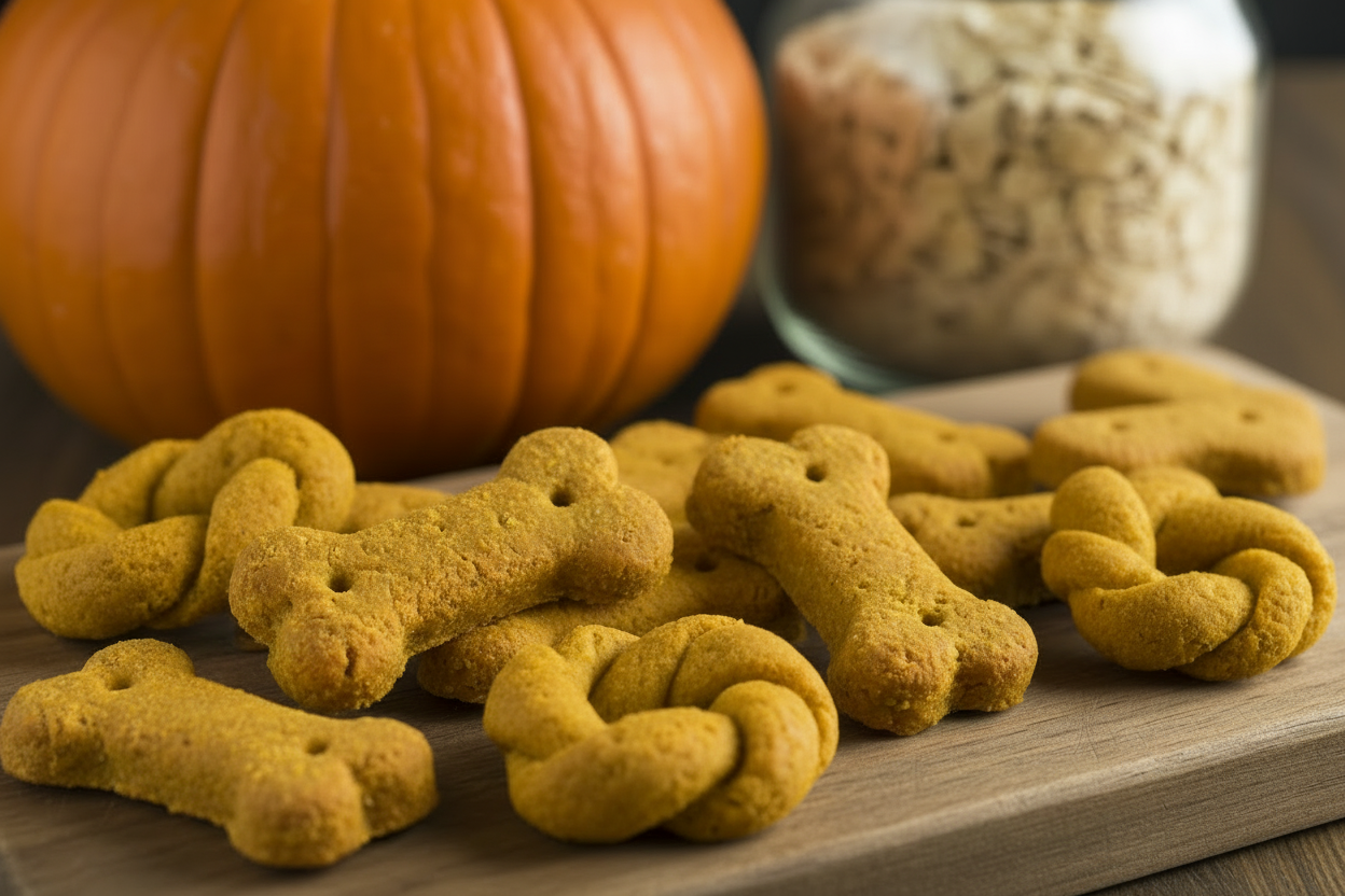 Dog treats shaped like bones and loops with a pumpkin, jar of oats, and turmeric in the background.